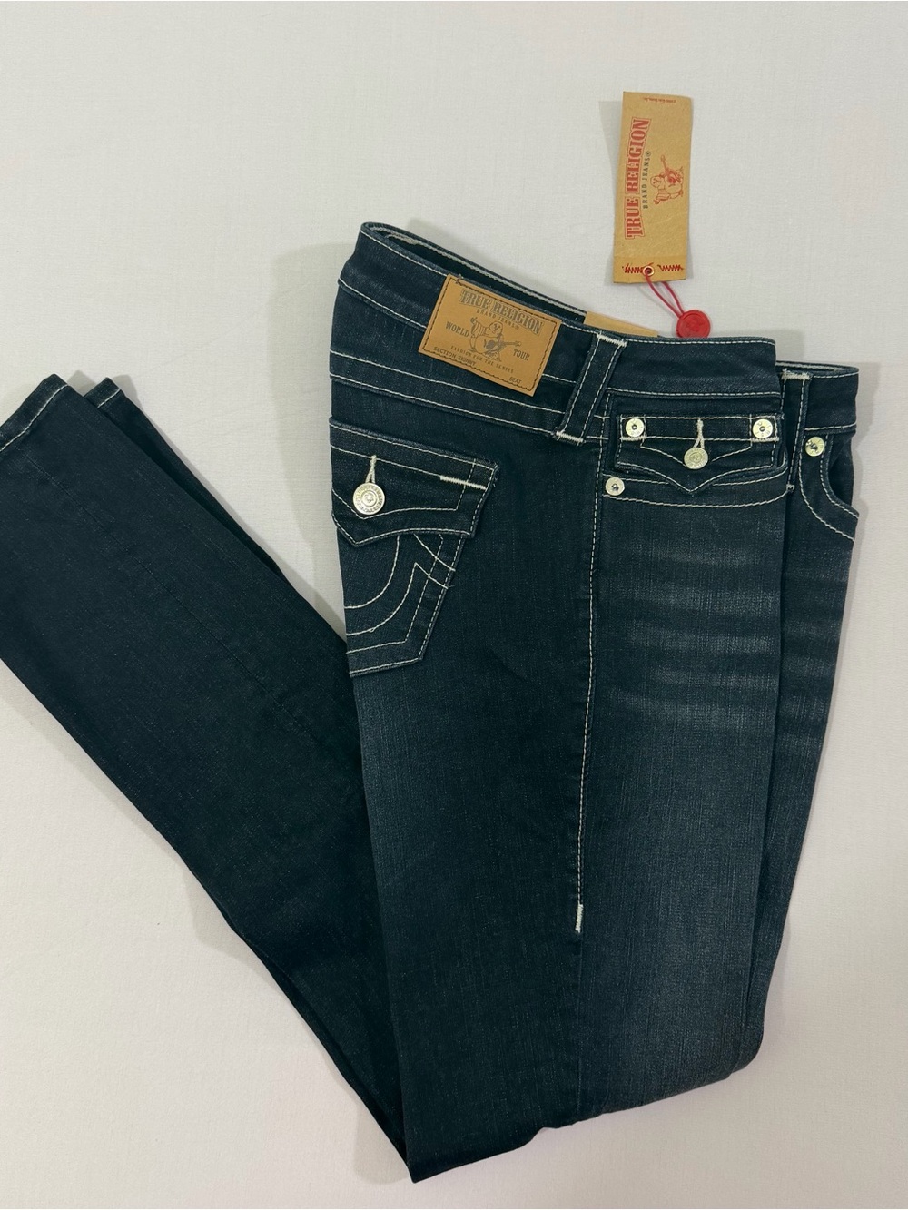 True Religion NWT Skinny Jeans Dark Wash Flap Pocket Contrast Stitch W30